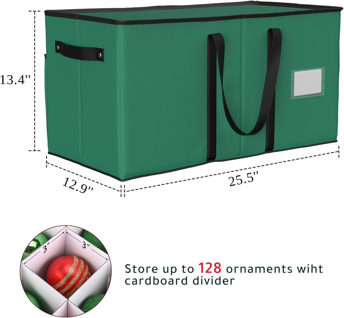 Christmas Ornament Storage Box - Stores Up to 128 Holiday Ornaments, Christmas Storage Container with Side Pocket, Adjustable Dividers, Card Slot, Tear-Proof Fabric - Green