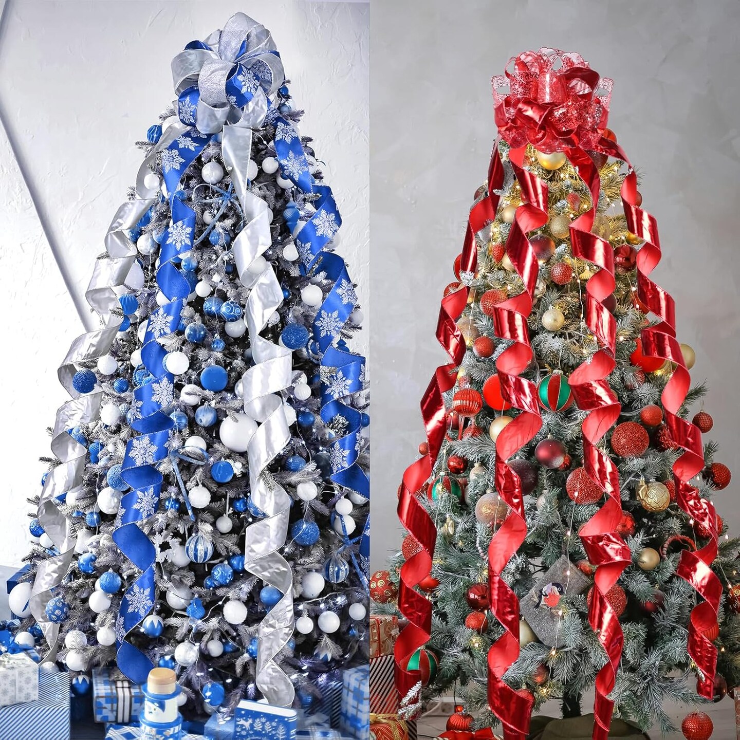 Silver Grid Christmas Tree Topper Bow 11 inch with 4 Ribbon Tails 3 Yards Christmas Decoration Perfect for Weddings Parties