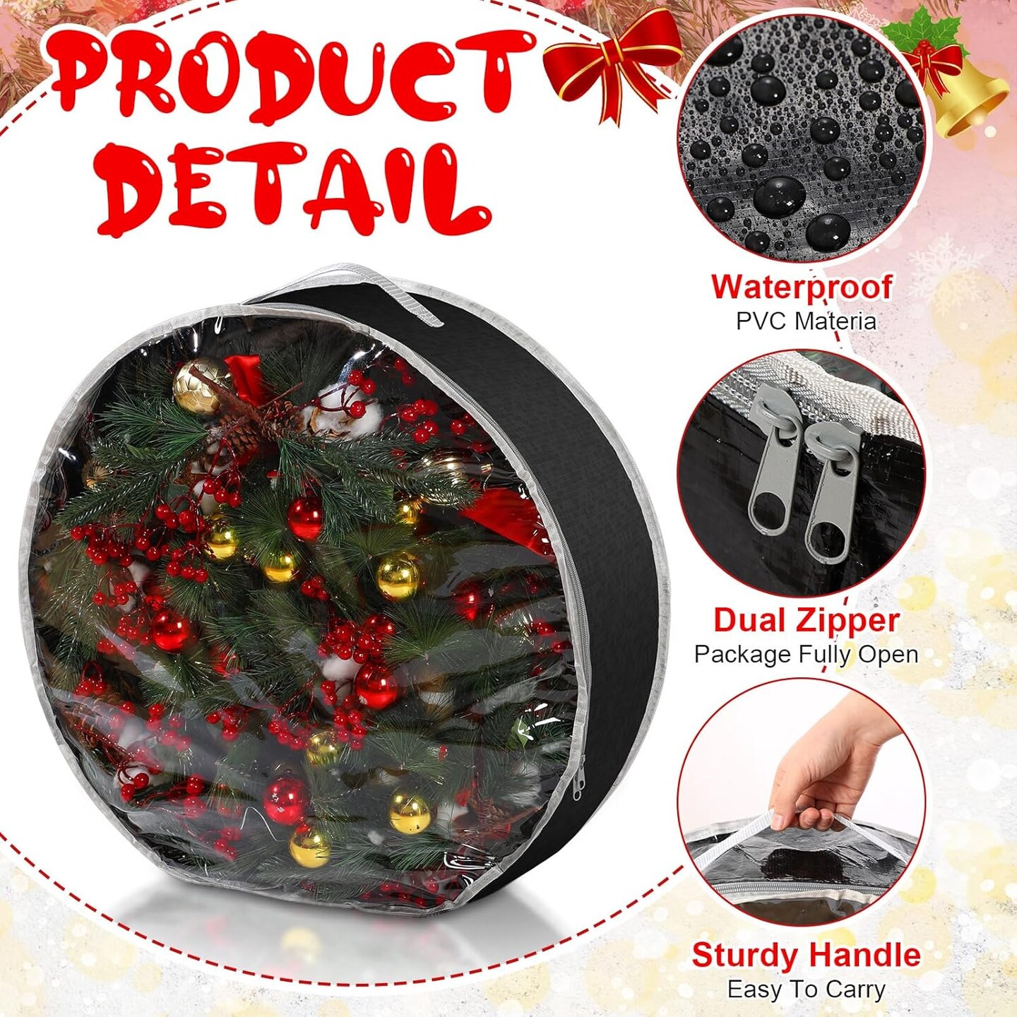 Aliceset 4 Pcs Christmas Wreath Storage Bags Garland Wreath Storage Containers with Clear Window and Handles Christmas Wreath Ornament Boxes for Holiday Seasonal Storage(24 x 24 x 7.8 Inch,Black)
