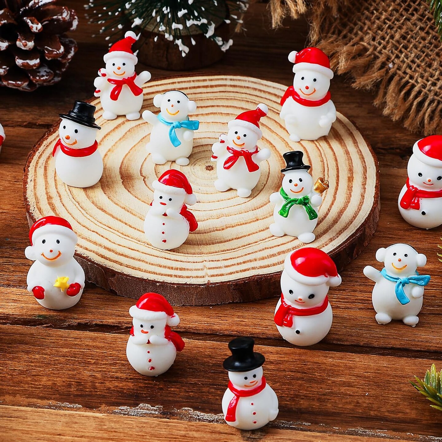 45Pcs Christmas Mini Resin Snowman 9 Styles Mini Snowman Figuriness with Hat Xmas Miniature