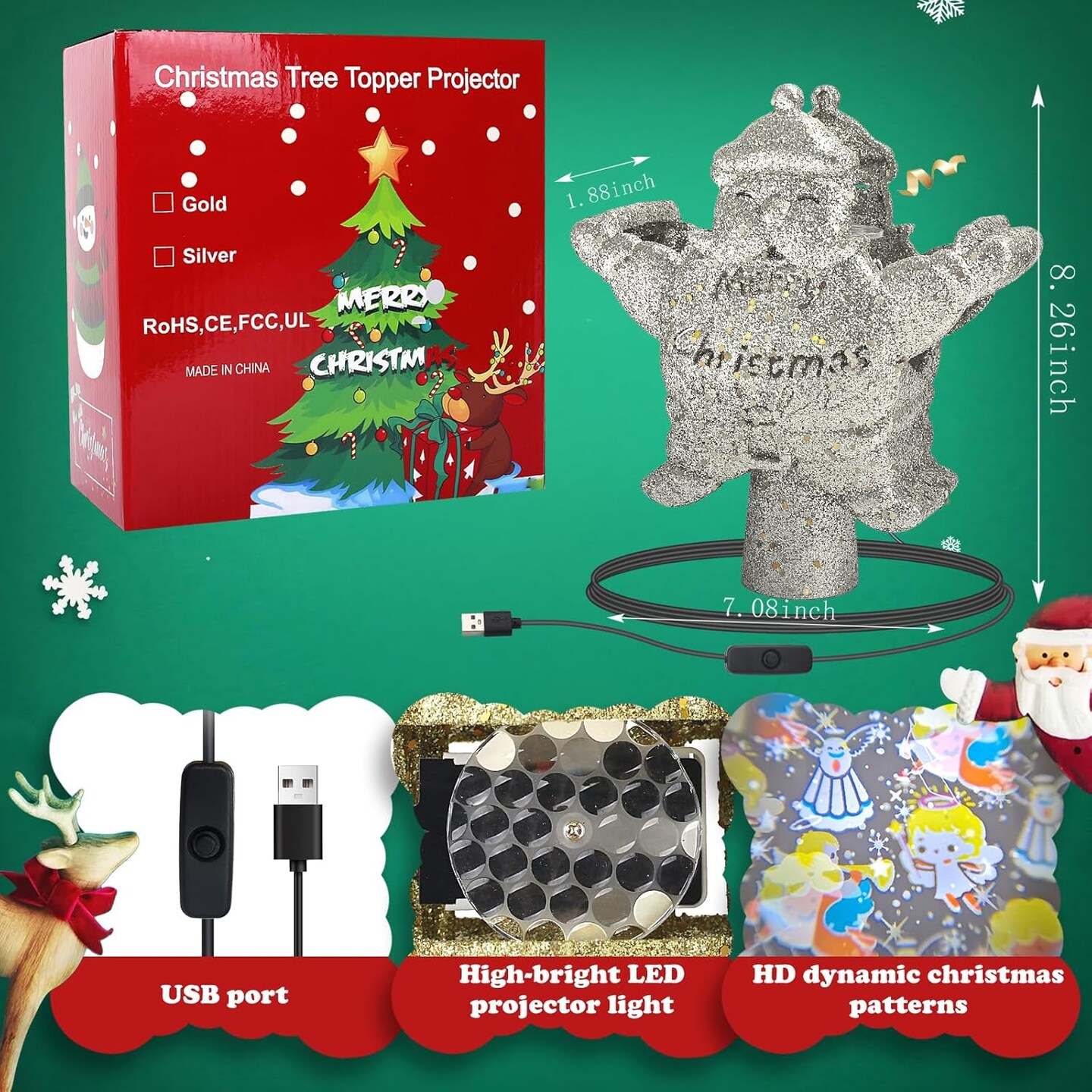 Tree Topper Projector, Snowflake Projector Tree Topper, Built-in 360&#xB0; LED Rotating Lights with 4 Patterns Dynamic Projection for Xmas Tree Decoration