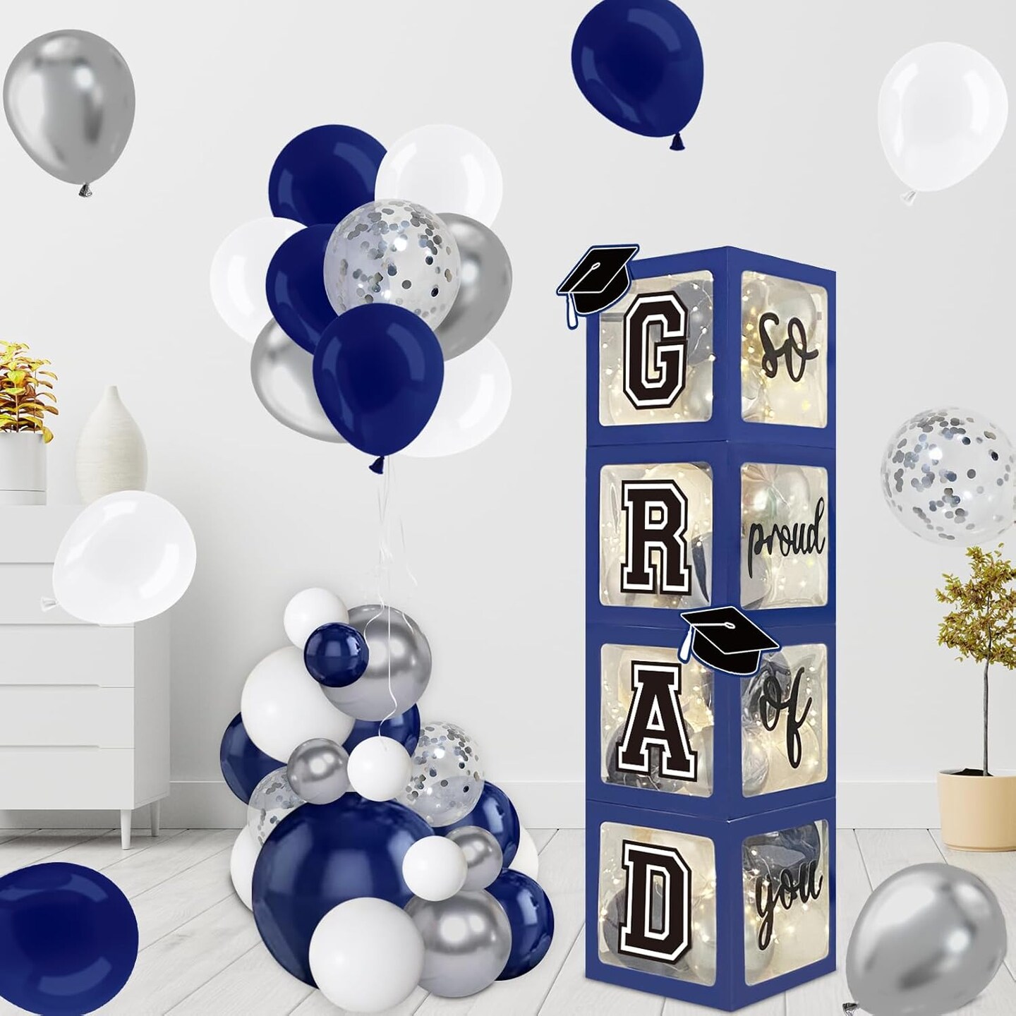 Graduation Party Balloons 2026 – Navy Blue 4-Box Balloon Arch Garland Kit with “So Proud of You” Lights & Class of 2026 Decorations