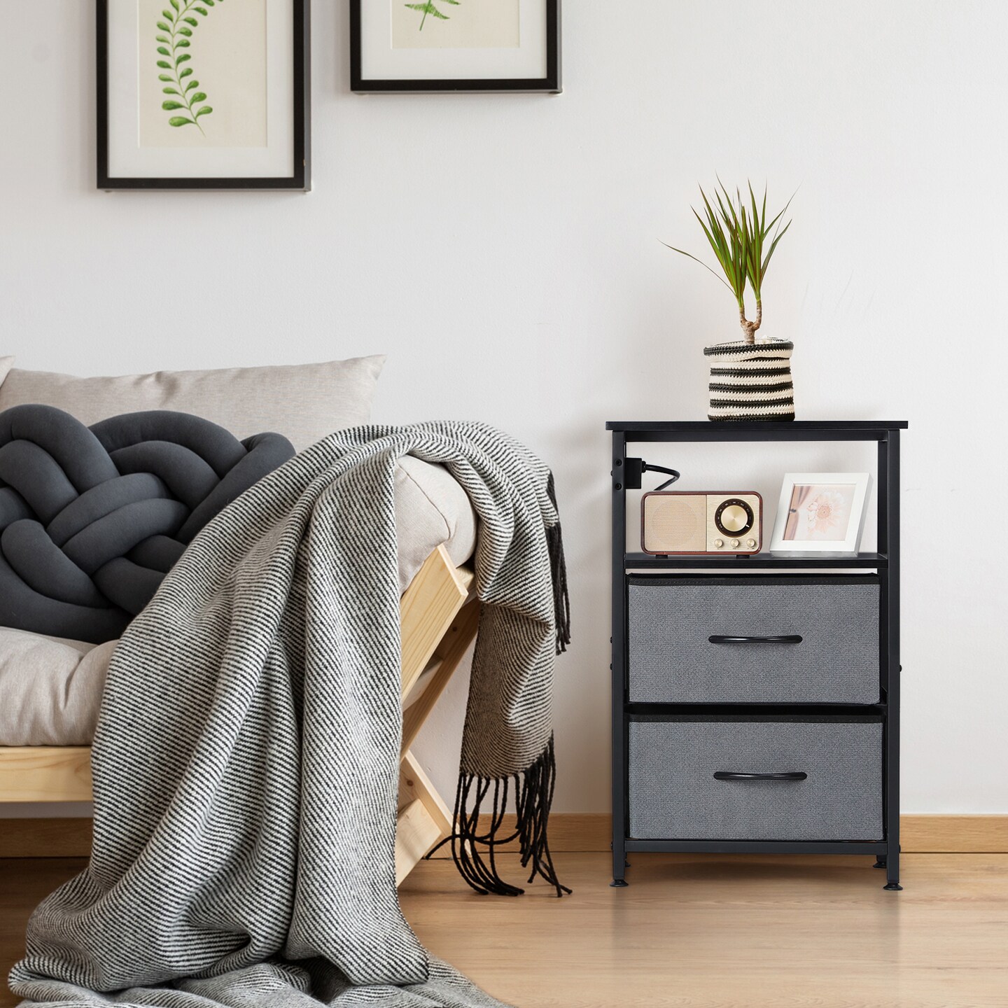 Nightstand with Charging Station, 24.6" Bedside Table with Fabric Drawers & USB Ports