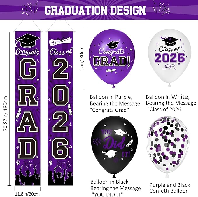Class of 2026 Graduation Decorations - Purple & Black Congrats Grad Party Kit: Fabric Backdrop, Porch Signs, 2026 Foil Balloons & Hanging Swirls - Complete High School & College Set