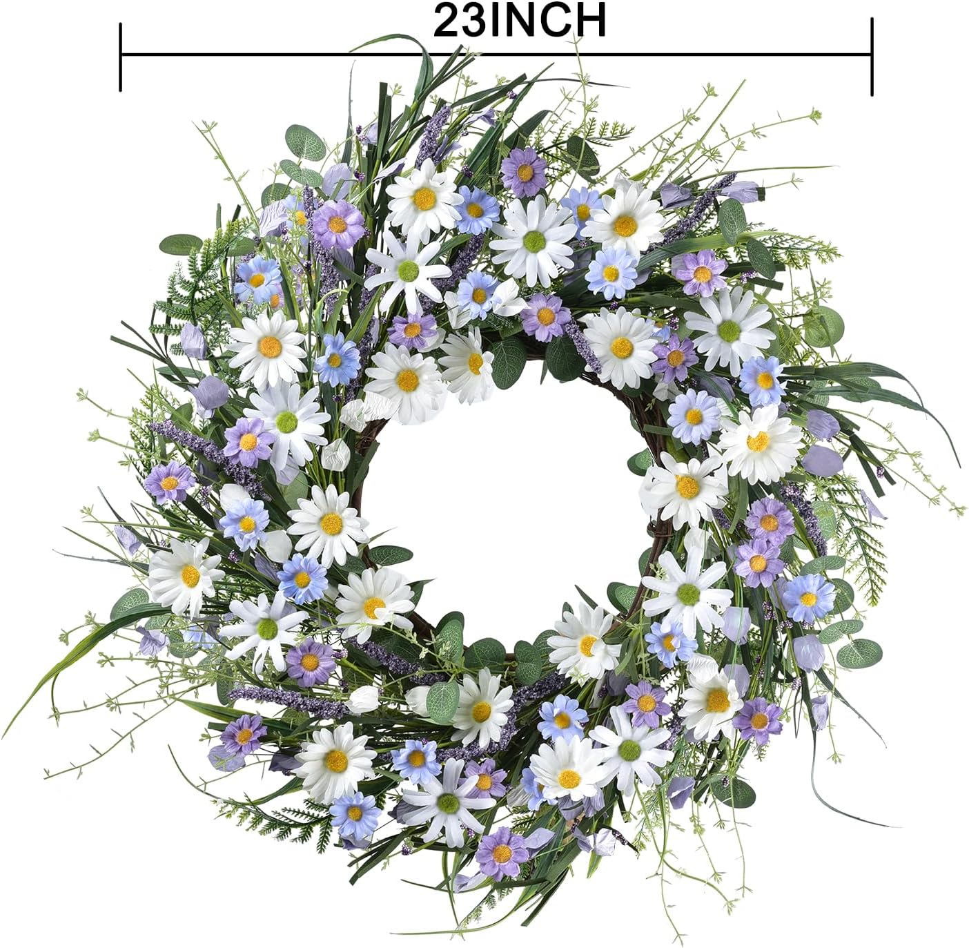 24 Inch Purple Daisy Flower Wreath for Front Door, Artificial Spring Summer Wreath with Lavender & Green Eucalyptus Leaves, Large Floral Farmhouse Decor for Wall, Window, Wedding & Indoor Displays