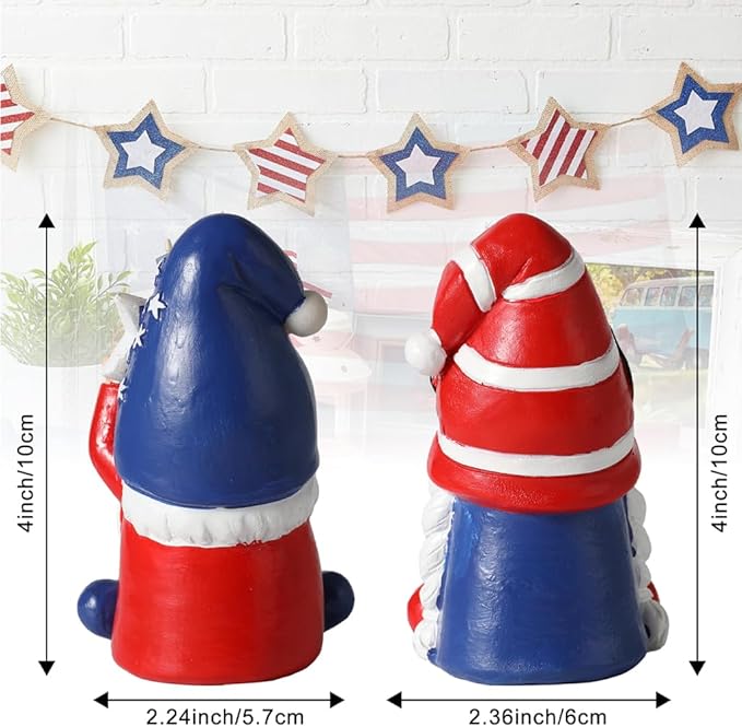 4th of July Gnomes Decorations, Set of 2 Hand-Painted Resin Patriotic Gnome Figurines, 4-Inch American Flag Stars & Stripes Decor for Independence Day Tabletop, Shelf & Home Display