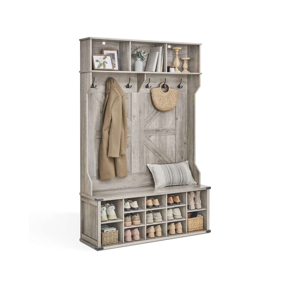 Farmhouse Style Entryway Hall Tree with Shoe Organizer and Bench, Multi function Coat Rack with Adjustable Storage Compartments and Hooks