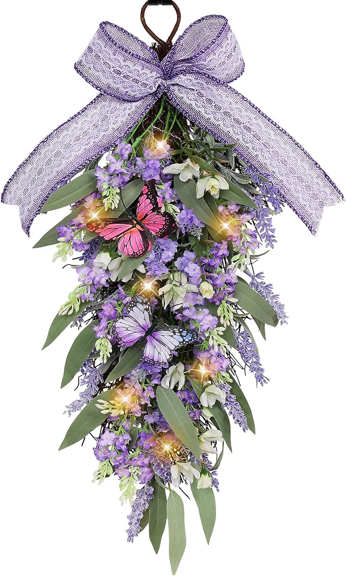 LED Teardrop Floral Wreath with Butterflies - 24" Pre-Lit Faux Lavender & Eucalyptus Hanging Swag - Farmhouse Purple Door Decor for Spring & Summer