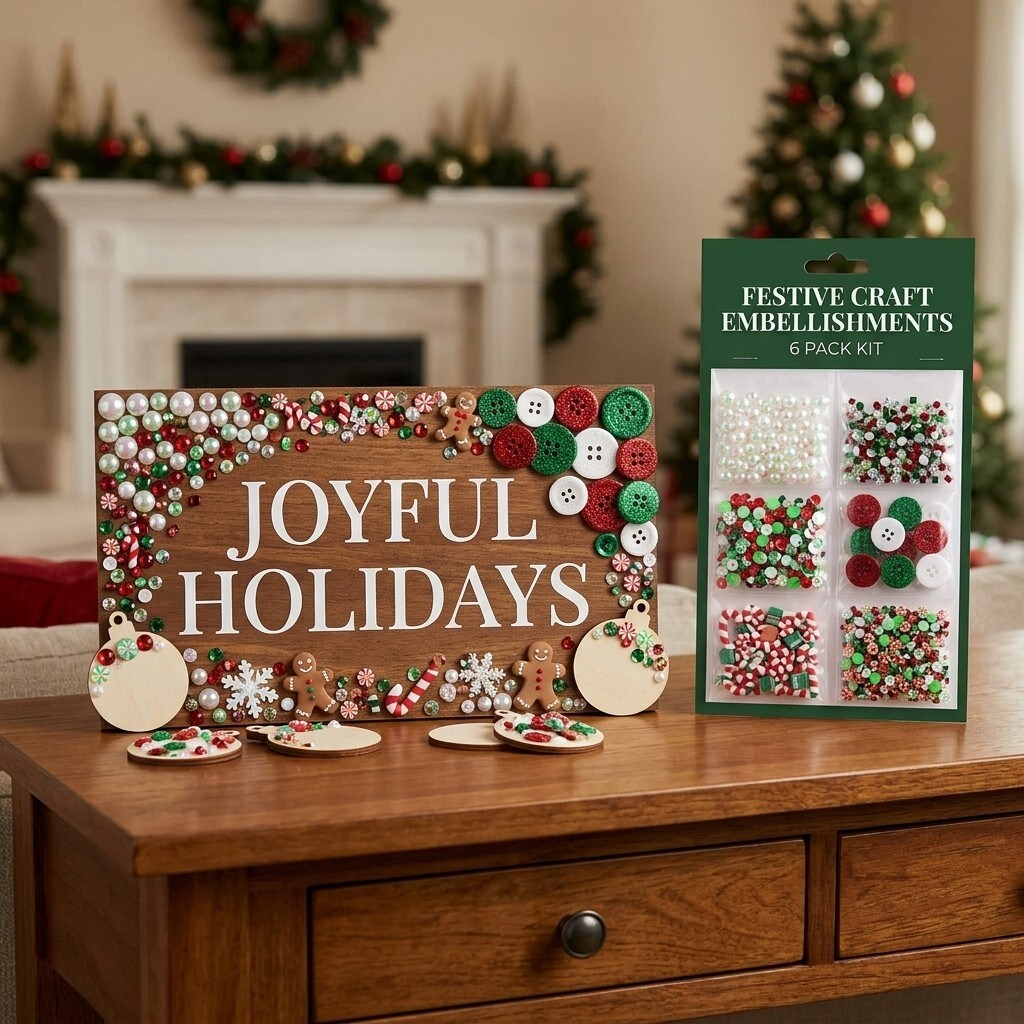 Christmas Craft Embellishment Bundle – 6-Pack Holiday Buttons, Beads & Sequins