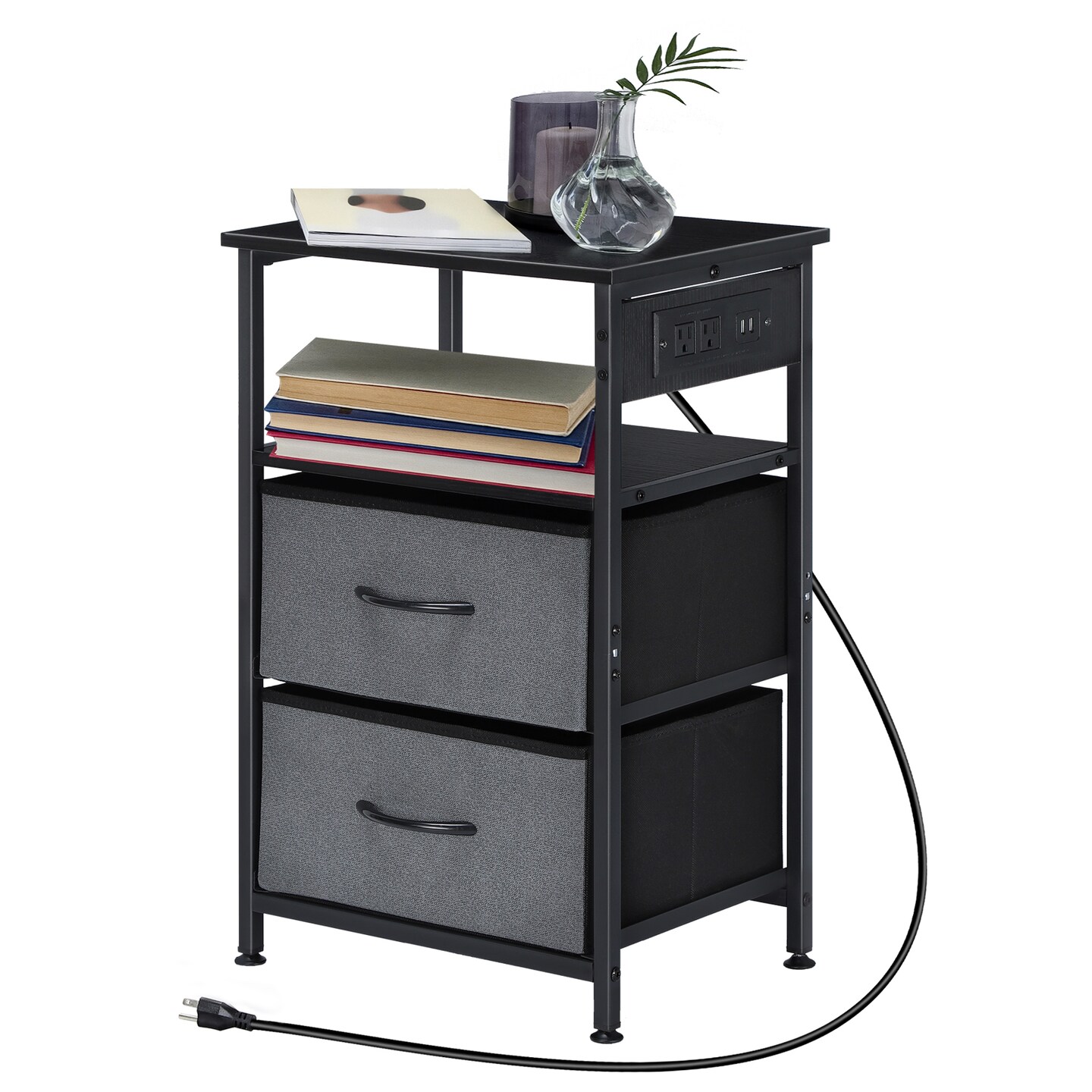 Nightstand with Charging Station, 24.6" Bedside Table with Fabric Drawers & USB Ports