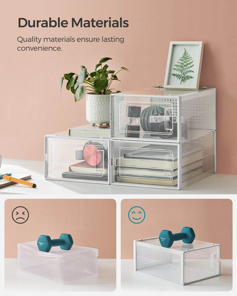 Transparent-White Stackable Shoe Storage Boxes, Clear Front Door Design, Ventilated Organizer Bins, Space-Saving Closet