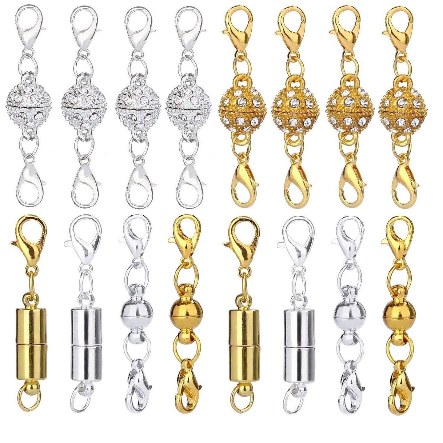 16 Pcs Magnetic Lobster Clasps for Jewelry Necklace Bracelet, Rhinestone Ball and Cylindrical + Ball Tone Lobster Clasp