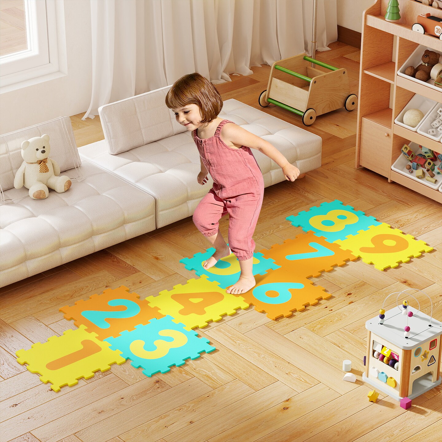 Kids Foam Hopscotch Mat with 9 Interlocking Tiles & 3 Marker Discs, Ages 10+ Months