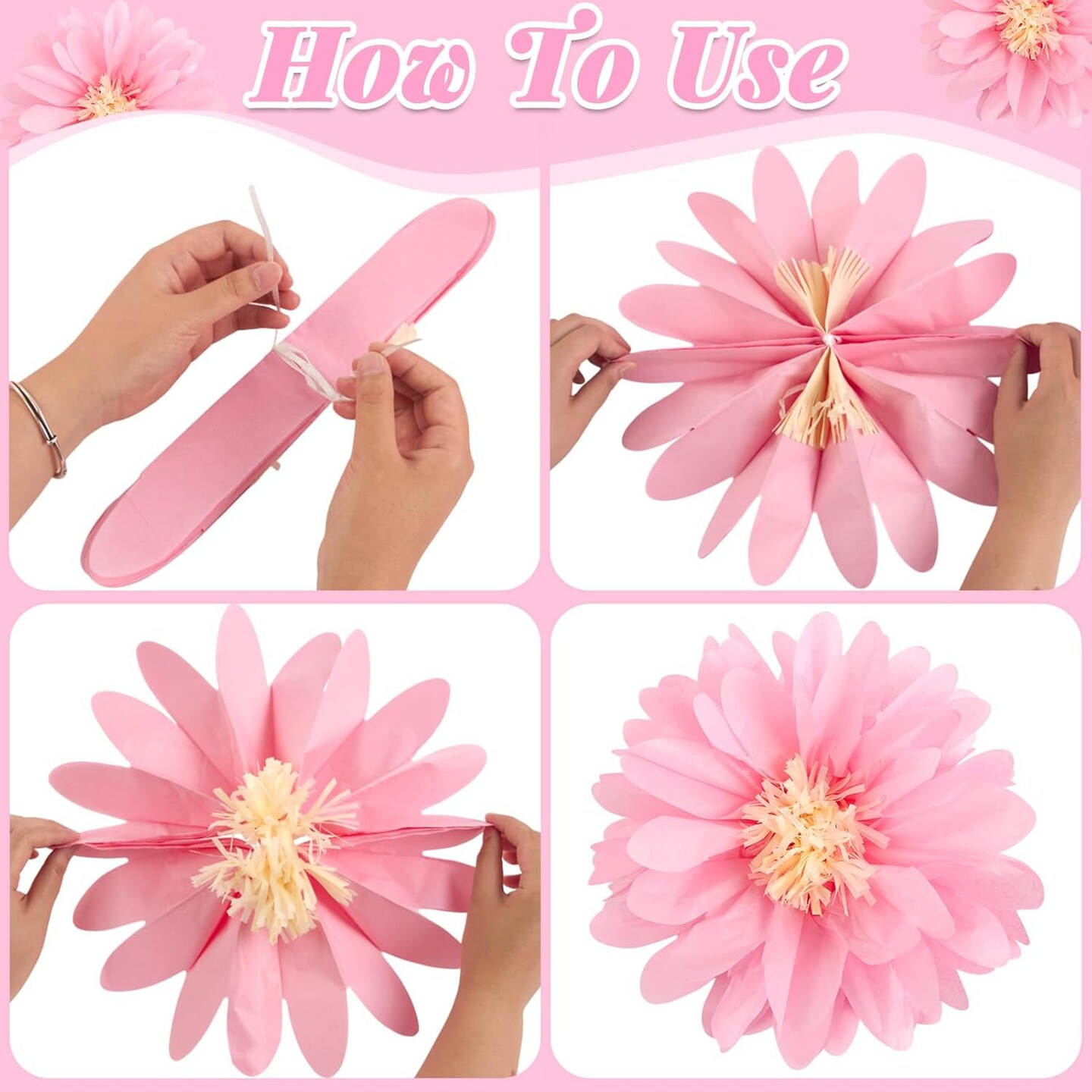 Daisy Tissue Paper Pom Poms, Wildflower Party Decorations(pink)