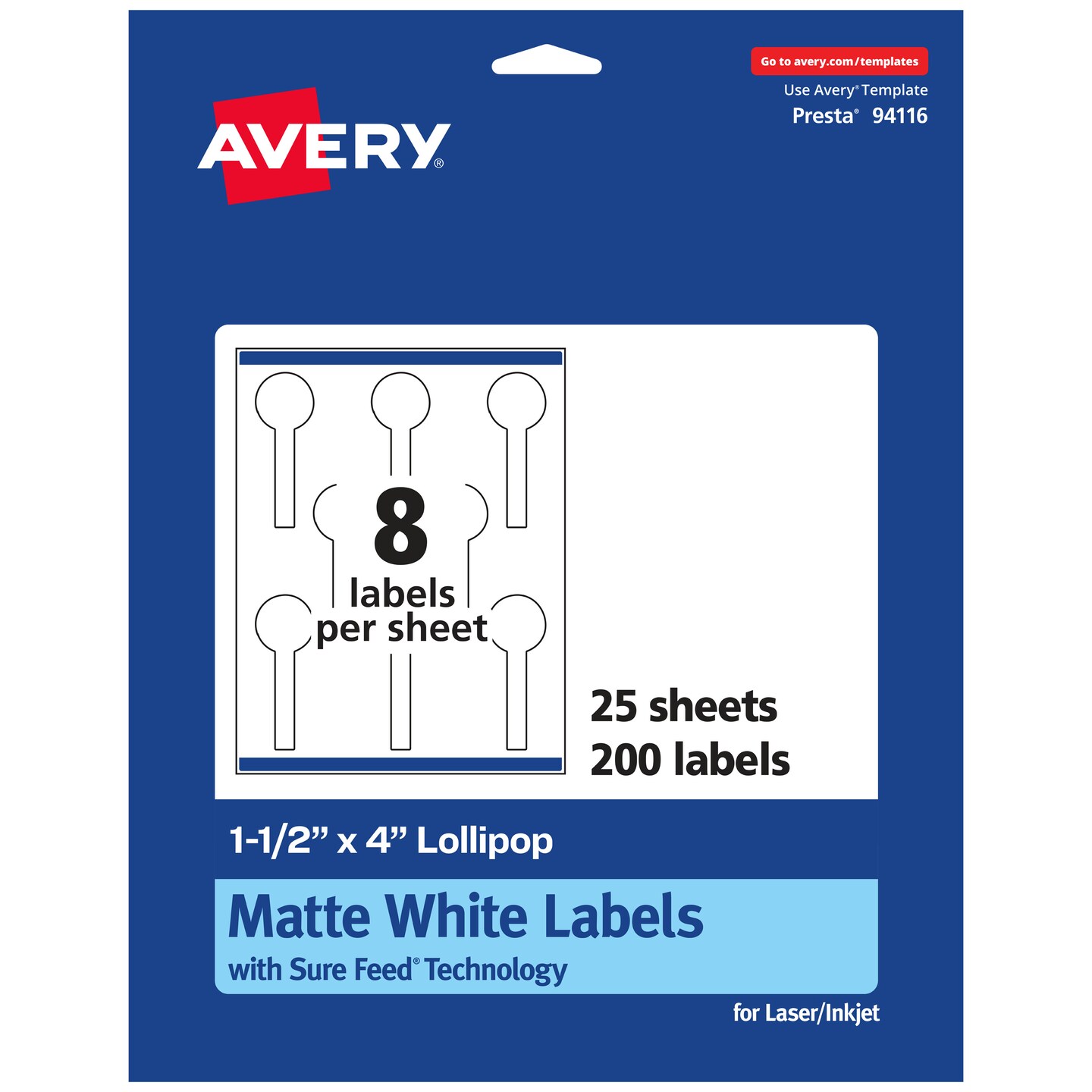Avery Matte White Lollipop Labels with Sure Feed, 1-1/2" x 4"