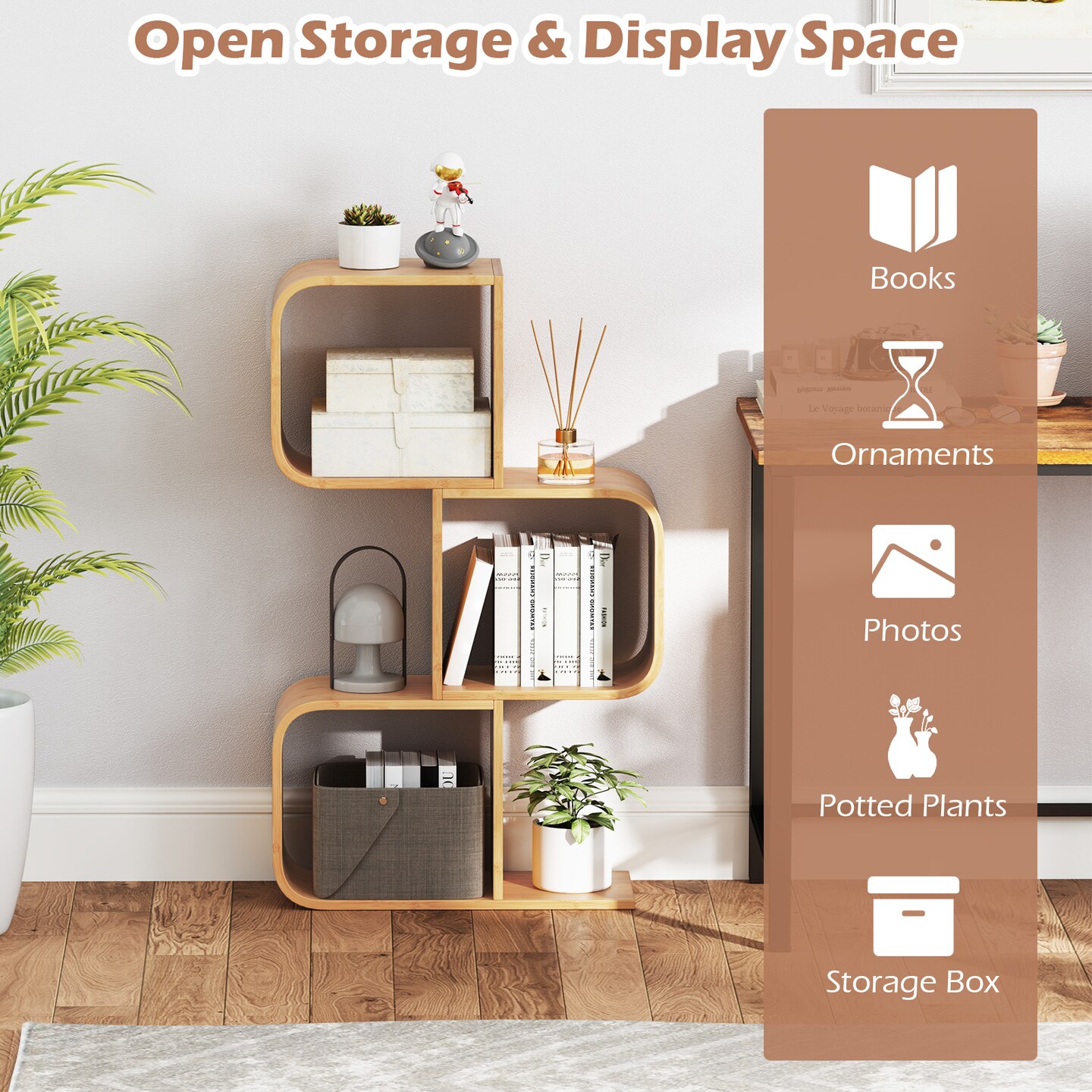 Costway 1/2 PCS 2 Tier S-Shaped Bookcase with 2 Open Cubes Geometric Corner Display Shelf