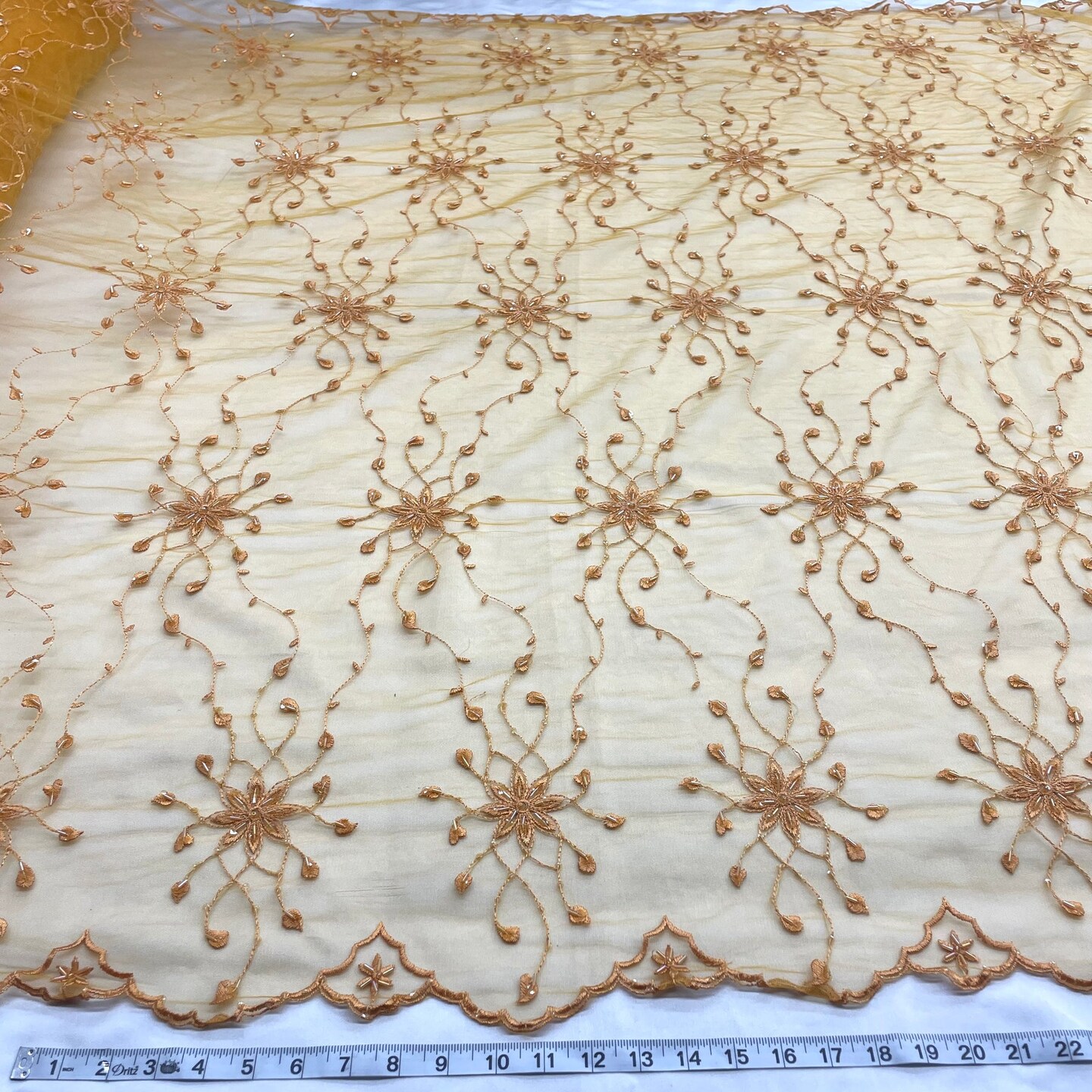 1 Yard Mustard Green Beaded Lace Fabric Embroidered Polyester Net Mesh 50 Inch Width