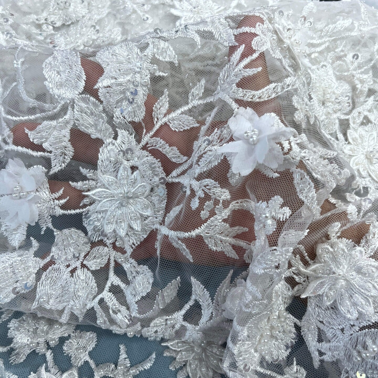 Beaded 3D Floral Lace Fabric with Rhinestones 51" Wide Embroidered Bridal & Evening Dress Lace