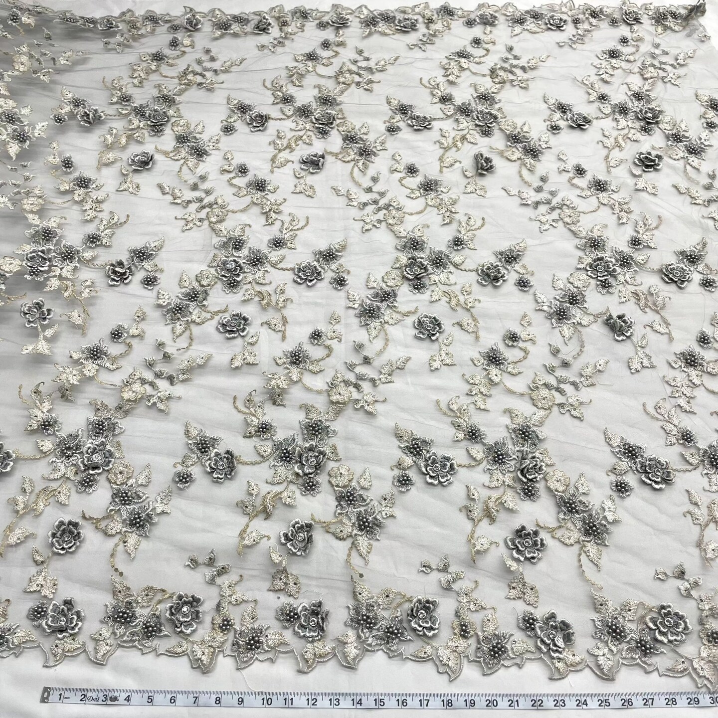 1 Yard Aqua Beaded 3D Floral Lace Fabric Embroidered on Polyester Net Mesh 54 inch Width