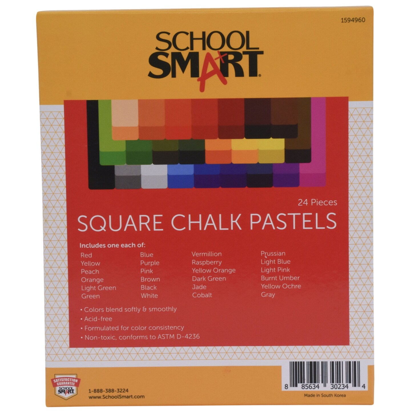 School Smart Square Chalk Pastels, Assorted Colors, Set of 24