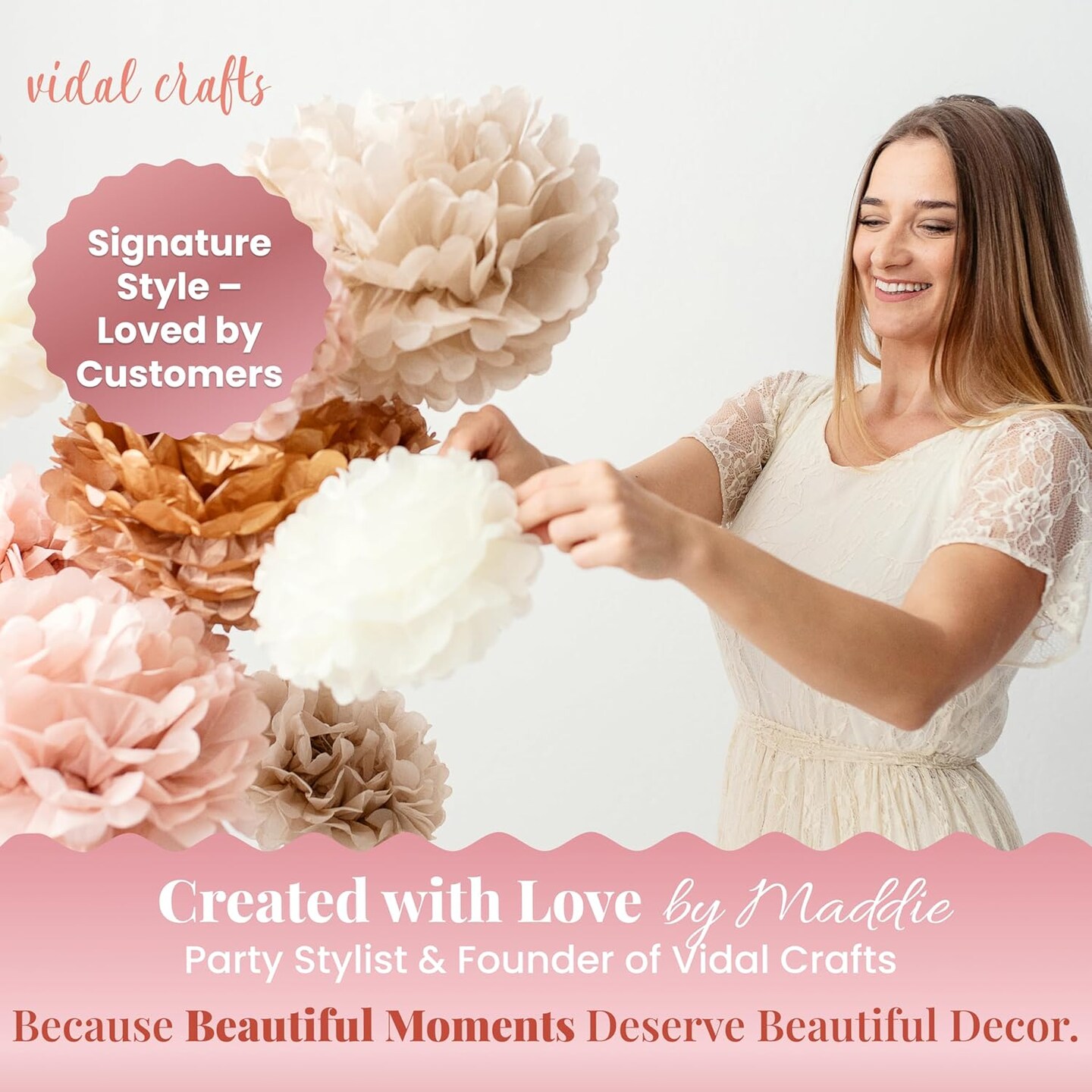 20-Piece Boho Tissue Paper Pom Poms(rose gold, dusty gold, ivory, pastel gray)