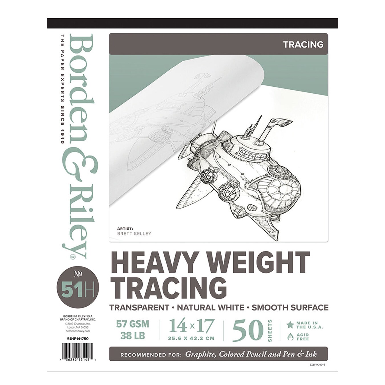 Borden & Riley #51H Monroe Triple T Parchment Tracing/Heavy Paper Pad, 57 GSM/38 lb., 50 White Sheets, 1 Pad Each