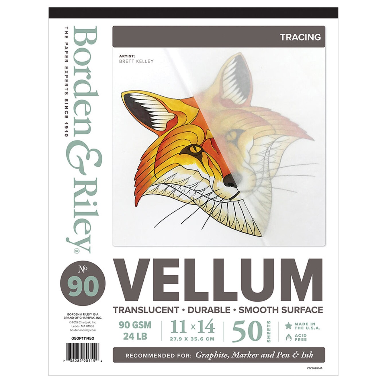 Borden & Riley #90 Vellum Pad, 90 GSM/24 LB, 50 White Sheets, 1 Pad Each