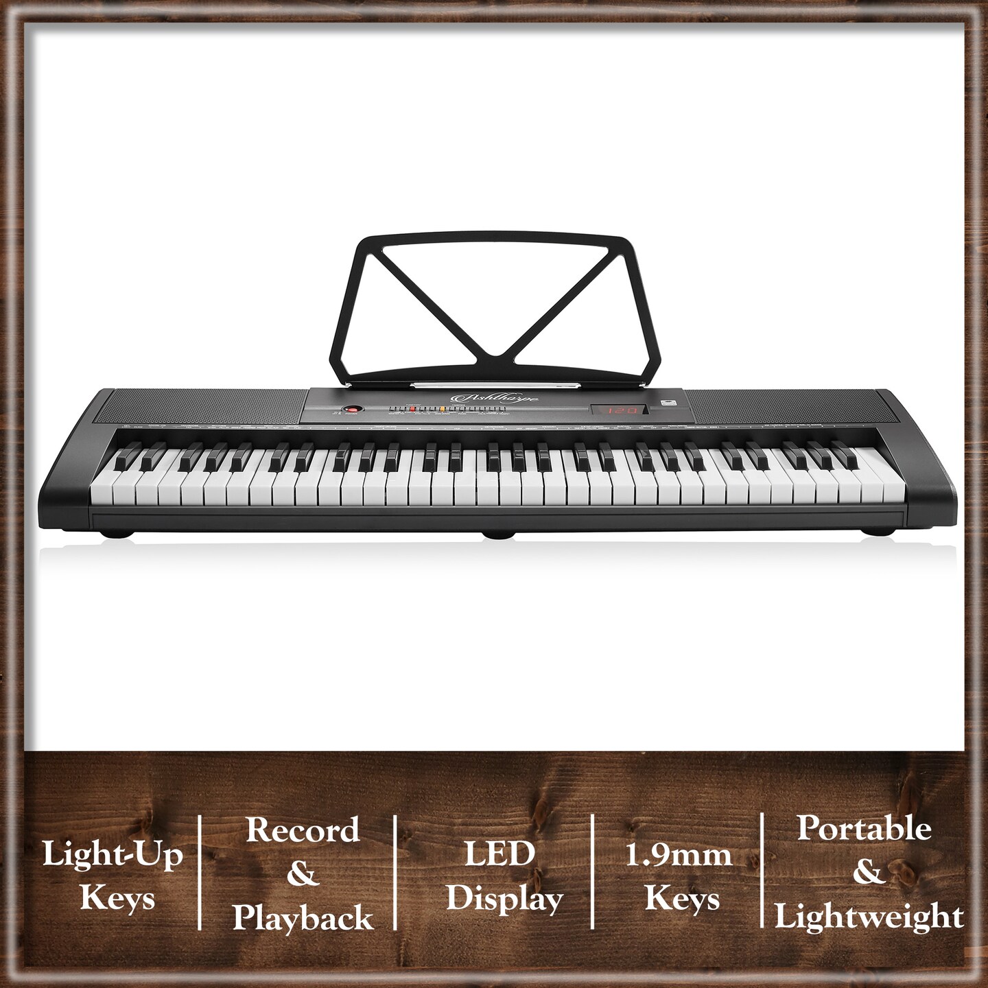Ashthorpe 61-Key Digital Keyboard Piano with Lighted Keys, Stand, and Bench, Portable Electronic Piano Keyboard Kit with Headphones and Microphone