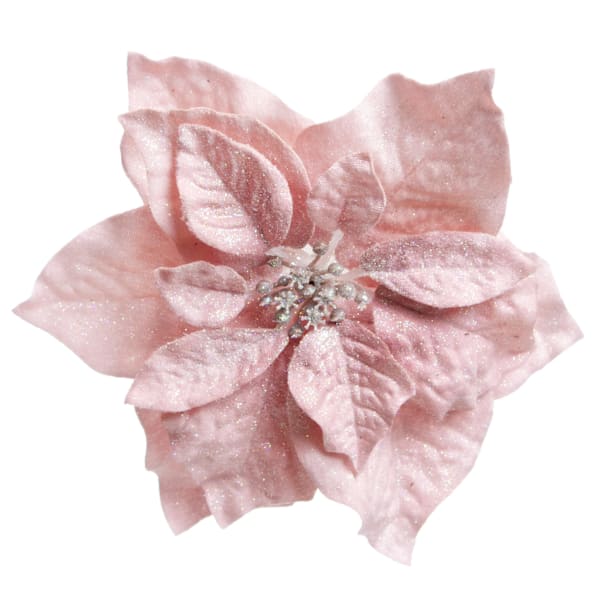 8" Pink Iridescent Glitter Poinsettia Clip Ornament – Sparkling Christmas Flower Décr