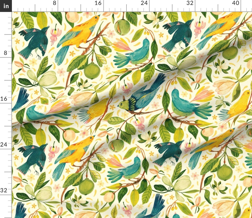 Various Fabrics by the Yard or Fat Quarter Birds Bright Blue Teal Yellow Green Abstract Botanical Hand Drawn Floral Brush Strokes Custom Printed Fabric by Spoonflower
