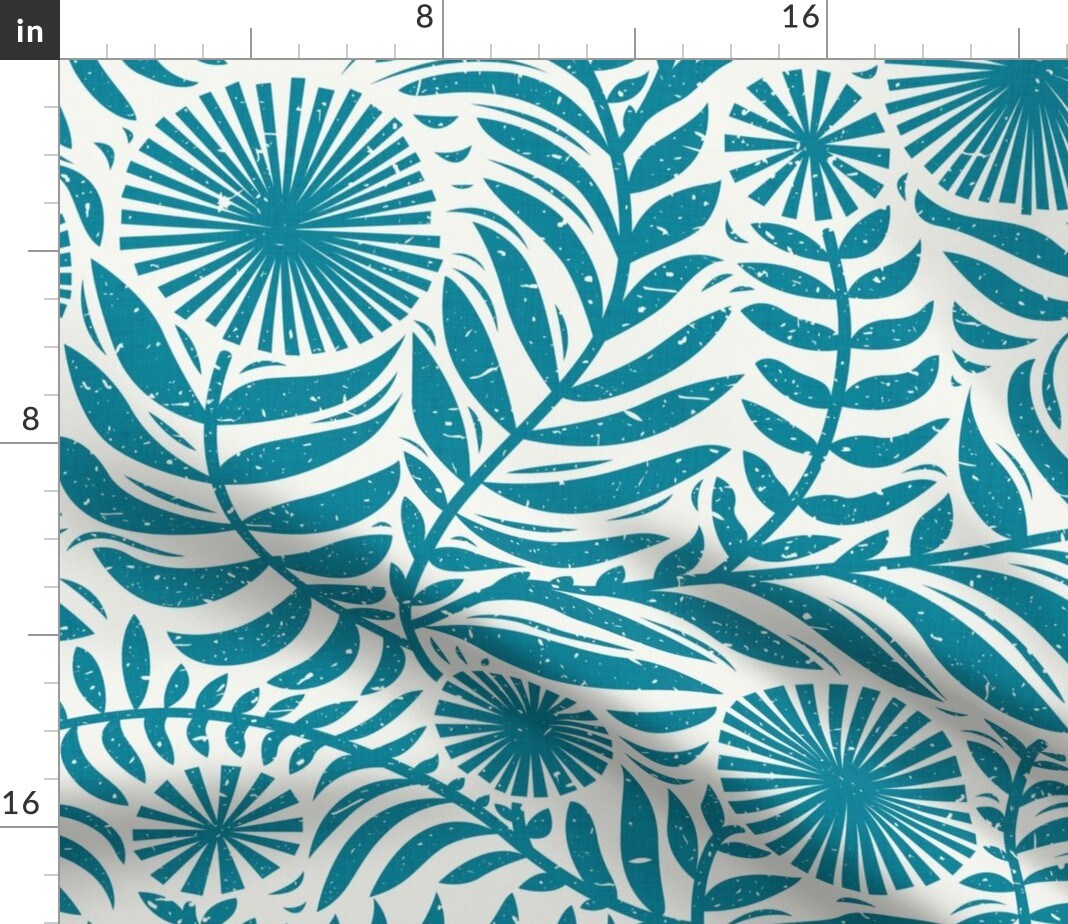 Teal Floral Blue Country Flowers Botanical Block Print Cottagecore Rustic Retro Summer Custom Printed Fabric by Spoonflower Various Fabrics by the Yard or Fat Quarter