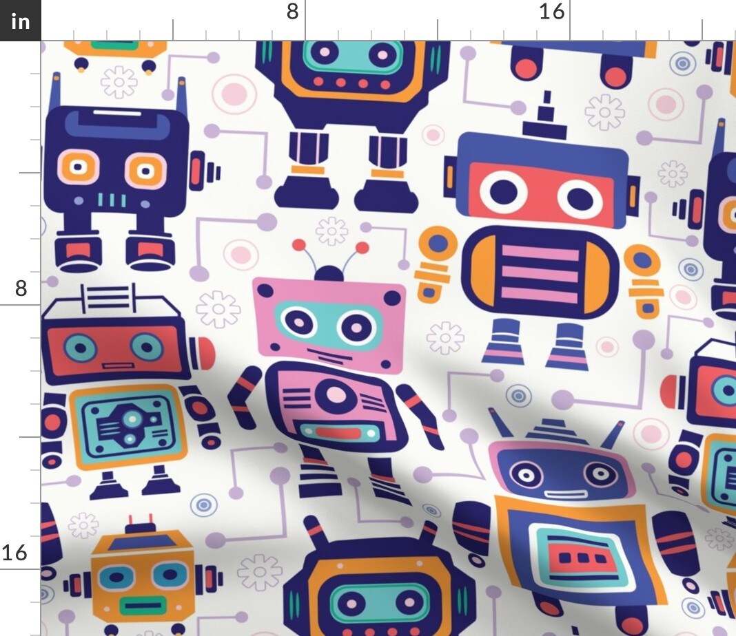 Fun Colorful Robots Novelty Kids Room Science Fiction Nursery Geek Robotics Custom Printed Fabric by Spoonflower Various Fabrics by the Yard or Fat Quarter