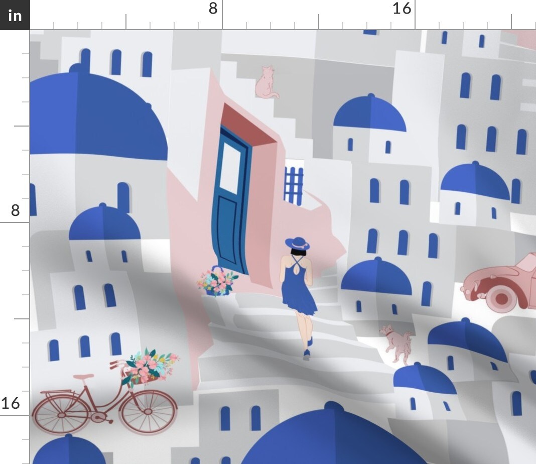 Travel Vacation Mediterranean Greece Holiday Houses Blue Santorini House Bike Car Flowers Homes Scooter Musician Novelty Neighborhood Greek Custom Printed Fabric by Spoonflower Various Fabrics by the Yard or Fat Quarter