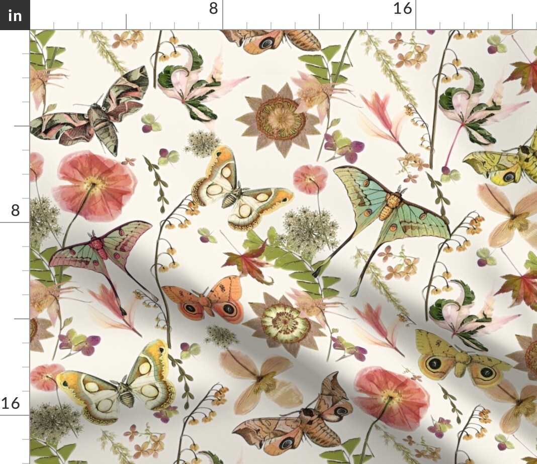 Moth Butterfly Botanical Insects Natural Boho Entomology Custom Printed Fabric by Spoonflower Various Fabrics by the Yard or Fat Quarter