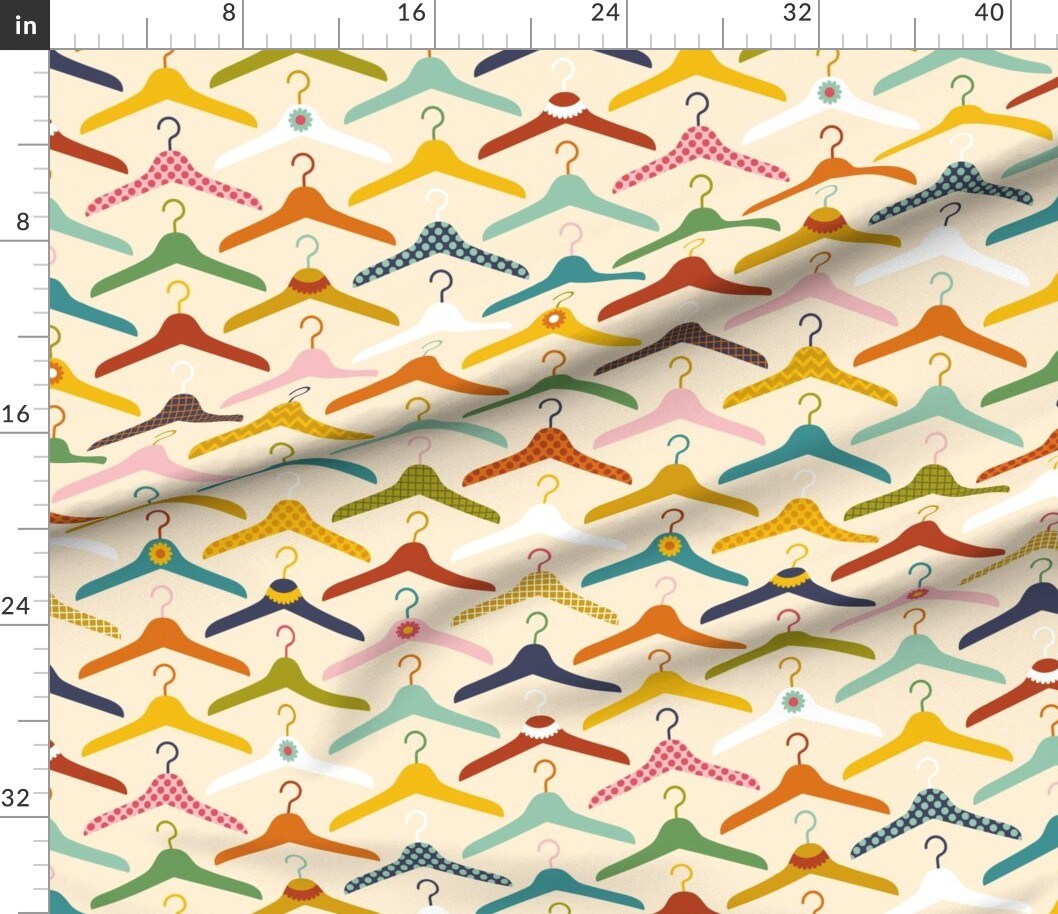 Retro Fashion Novelty Whimsical Polka Dots Clothes Hangers Pink Yellow Orange Flower Check Colorful Doily Lace Laundry Room Closet Clothing Custom Printed Fabric by Spoonflower Various Fabrics by the Yard or Fat Quarter
