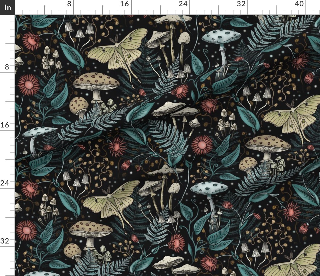 Various Fabrics by the Yard or Fat Quarter Whimsical Gothic Woodland Forest Luna Moth Mushrooms Botanical Floral Fern Magical Whimsigoth Fungi Large Scale Moody Nature Mushroom Toadstool Custom Printed Fabric by Spoonflower 15628708