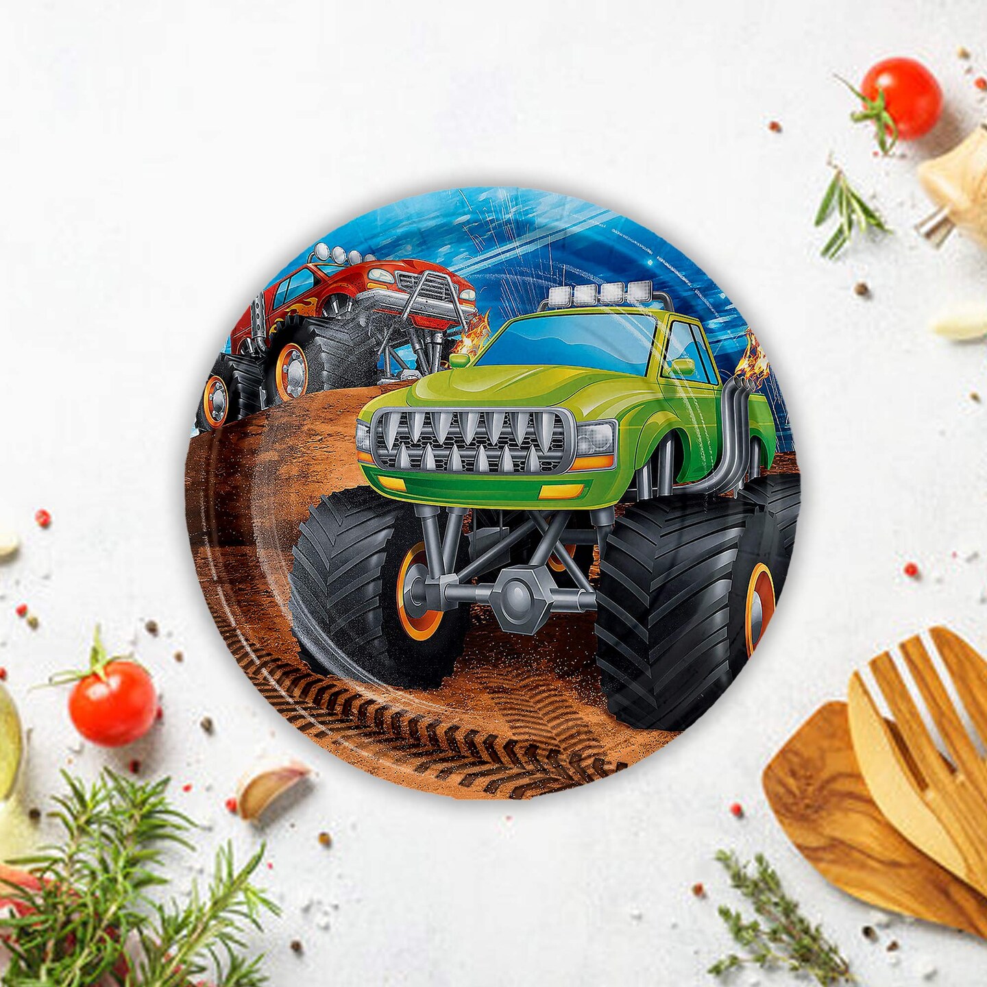8 Count Monster Truck Party Paper Dessert Plates 7 Inch Disposable Tableware for Kids Birthday Celebration