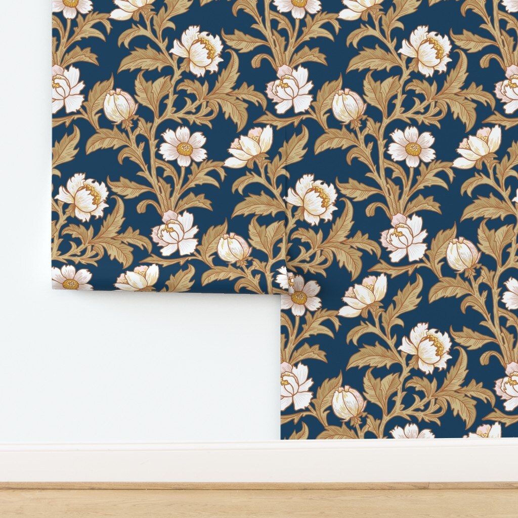 Traditional Navy Floral Heritage Revival Botanical White Flower Poppies Roses Peonies Custom Removable Wallpaper by Spoonflower Peel & Stick Wallpaper 2FT Wide