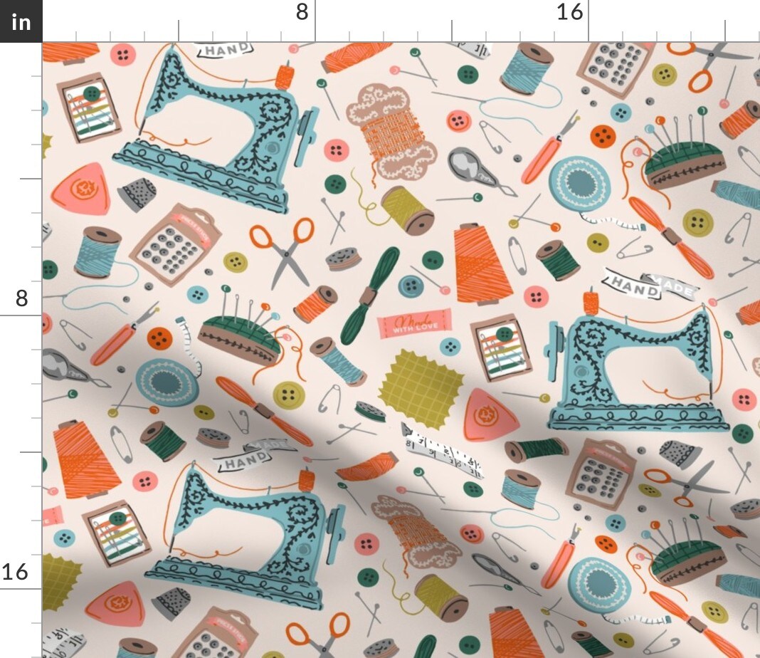 Cottagecore Vintage Retro Hand Drawn Sewing Notions Machine Craft Room Hobbies Needle And Thread Supplies Crafty Buttons Scissors Thimble Pink Custom Printed Fabric by Spoonflower Various Fabrics by the Yard or Fat Quarter