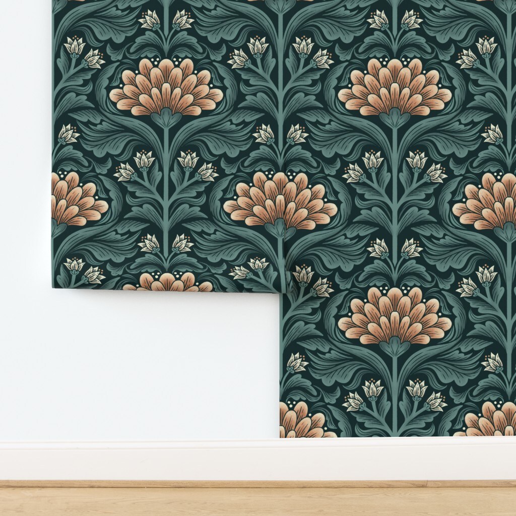 Peach Floral Blue Botanical Cream Flowers Art Deco Traditional Damask Custom Removable Wallpaper by Spoonflower Peel & Stick Wallpaper 2FT Wide