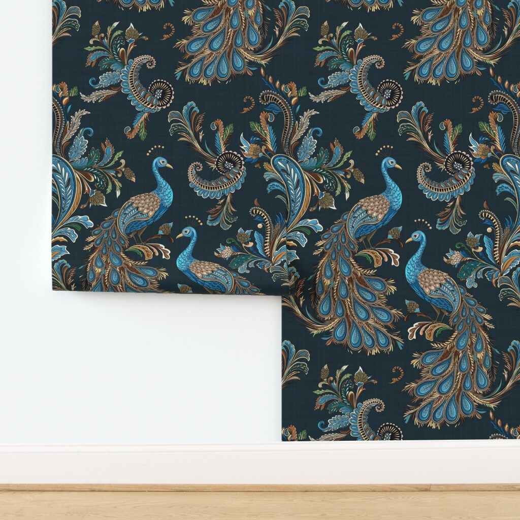 Art Nouveau Birds Feathers Peacock Blue Green Gold Brown Floral Paisley Botanical Custom Removable Wallpaper by Spoonflower Peel & Stick Wallpaper 2FT Wide