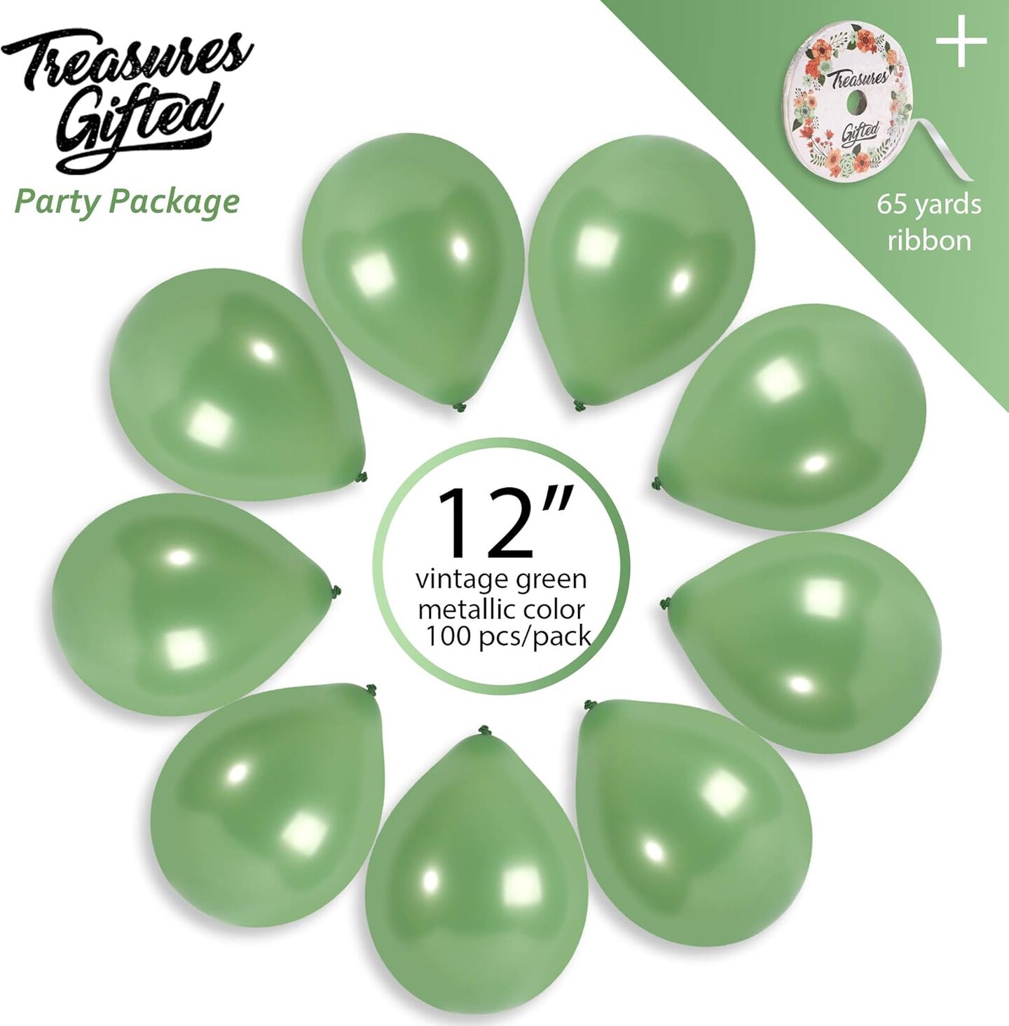 12 inch Metallic Sage Green Balloons (100 Pieces + Ribbon, Vintage Green)
