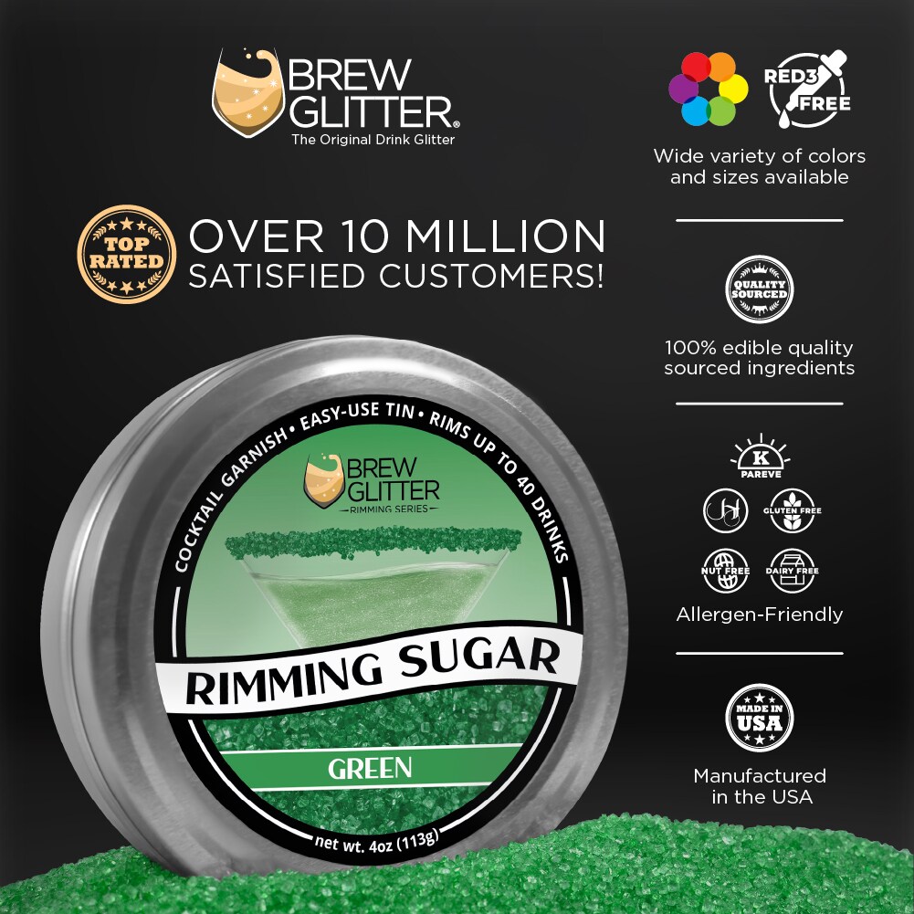Brew Glitter - Green Rimming Sugar (4oz, 1x Bar Tin) Cocktail Garnish for Mixed Drinks &#x26; Refreshments