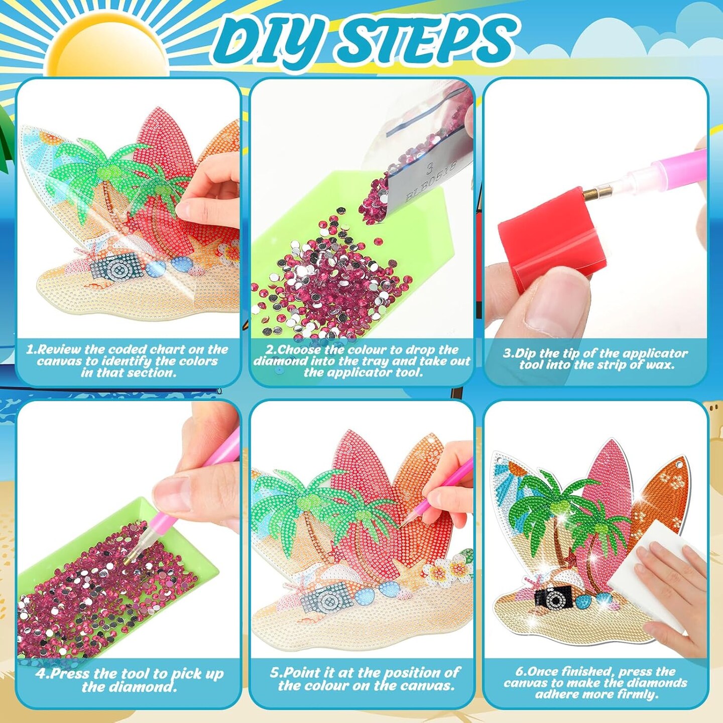 6 Pcs Summer Diamond Painting Hanging Sign Set Beach Gnome Diamond Art Paint