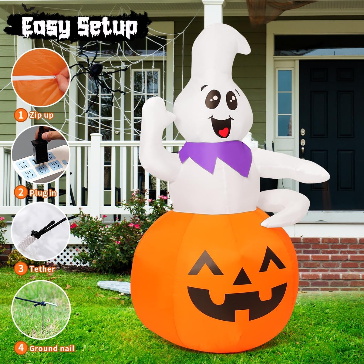 GOOSH 5 FT Halloween Inflatable Outdoor Ghost Sitting on The Pumpkin, Blow Up Yard Decoration