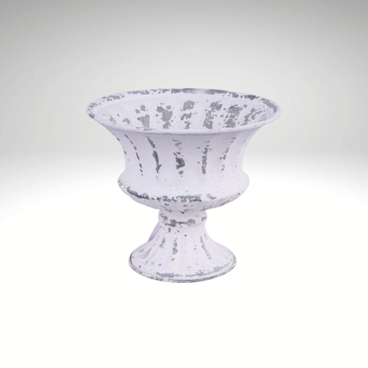 Antique White Tin Compote Vase | 5.5&#x22; Distressed Pedestal Bowl for Floral Decor-KE263752