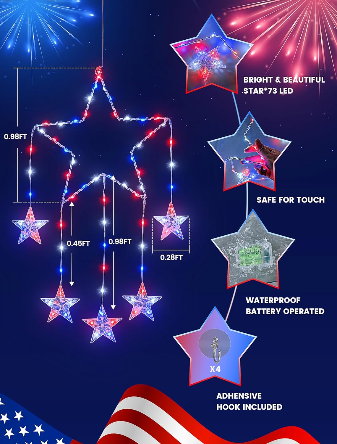 2 Pack 4th of July Window Lights,12IN 73LED Red White and Blue Star Lights
