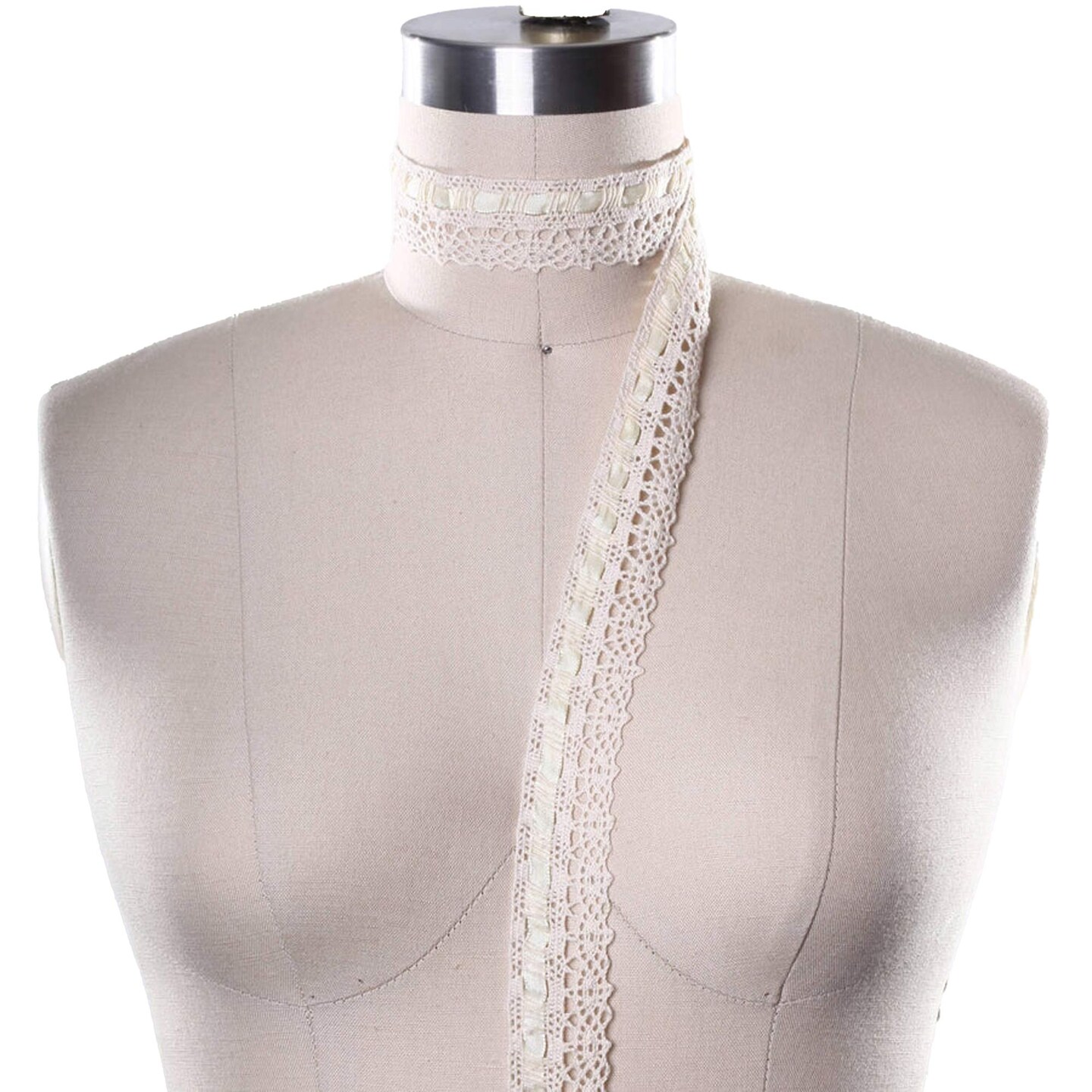 1 Yard Beige 1.25" Cotton Cluny Lace Trim with Eyelets & Removable Ribbon Crochet Style