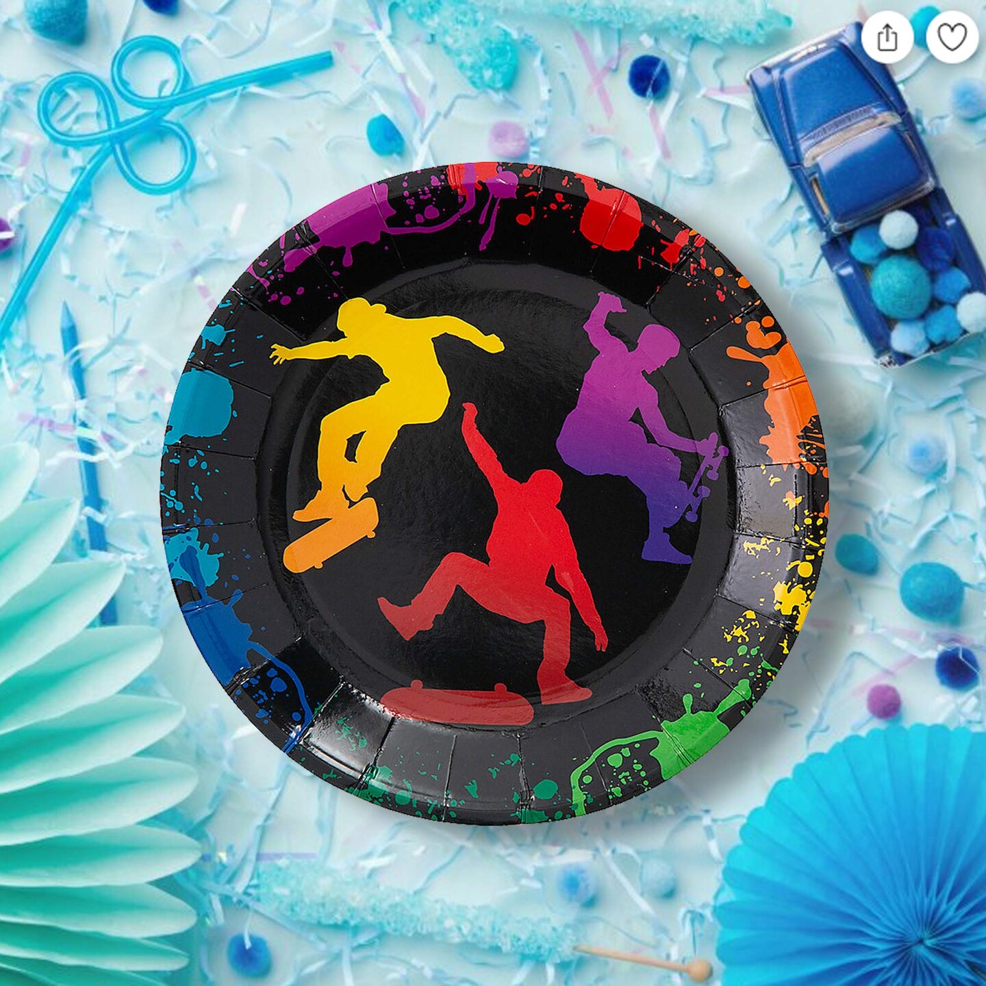 8 Count Skateboard Party Kick Flip Paper Dessert Plates 7.25-Inch Plates