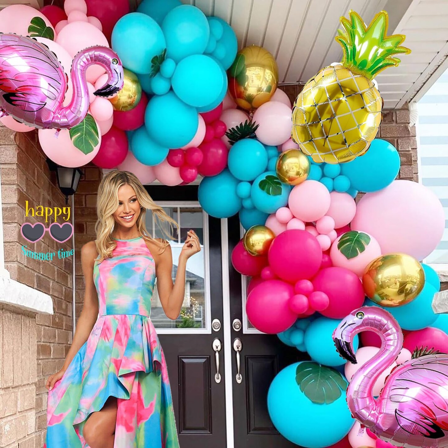 flamingo balloon garland arch kit 145Pcs Hot Pink magenta teal gold balloons mylar pineapple balloons Palm leaves